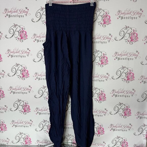 Pants Navy High-Waisted smocked hippie boho stretchy waist...